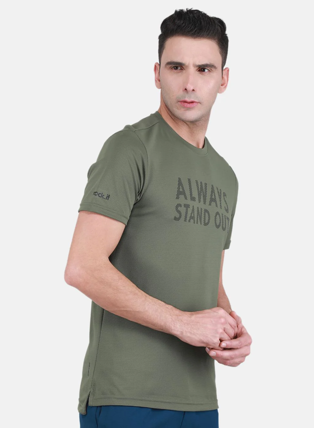 Rock.it Men Olive Self Design T-Shirt - Image 6