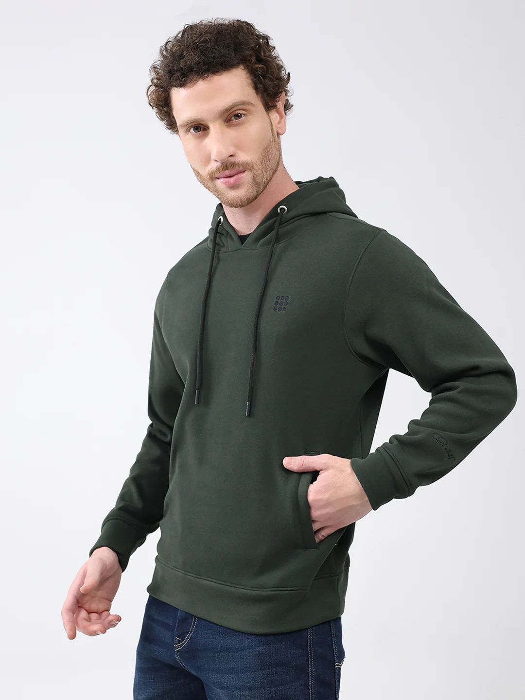 Rock.it Men Olive Solid Hooded Full Sleeve Sweatshirt - Image 3