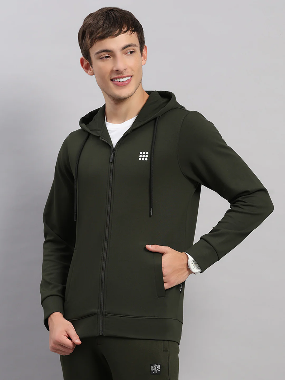 Rock.it Men Olive Solid Hooded Full Sleeve Sweatshirt - Image 3