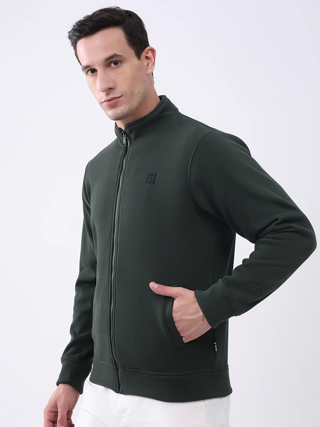 Rock.it Men Olive Solid Mock Neck Full Sleeve Sweatshirt - Image 3