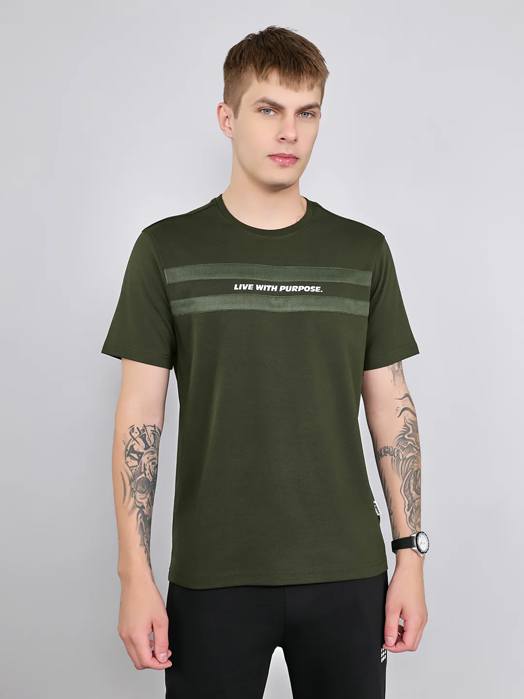 Rock.it Men Olive Solid Round Neck Half Sleeve T-Shirt