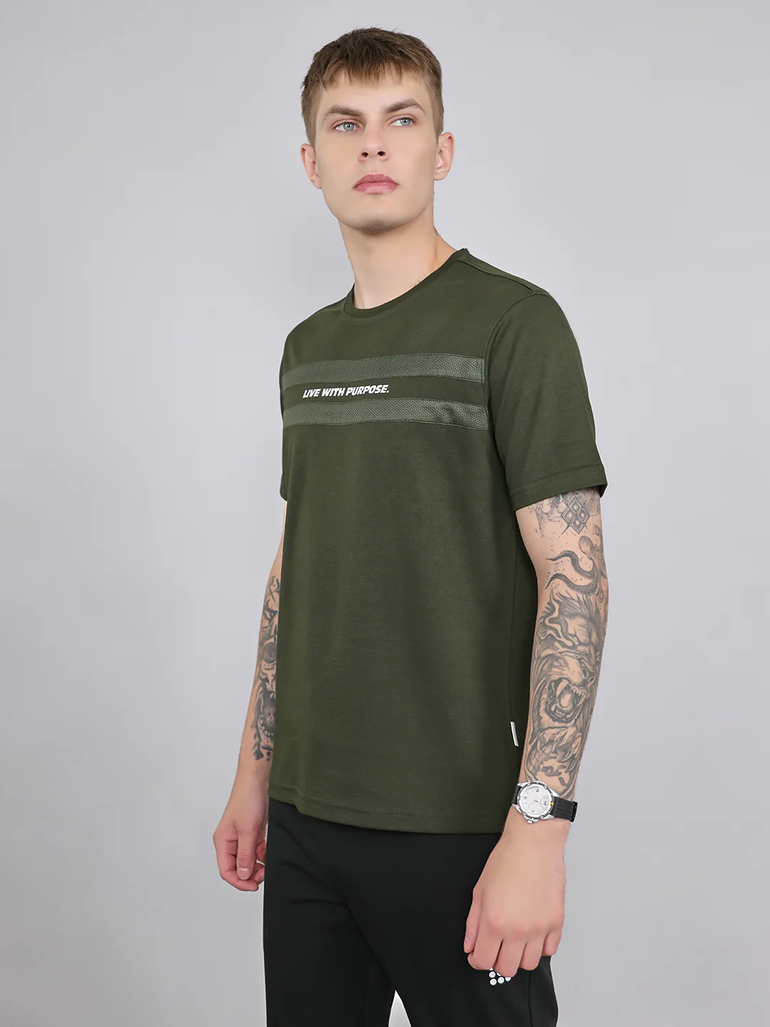 Rock.it Men Olive Solid Round Neck Half Sleeve T-Shirt - Image 3
