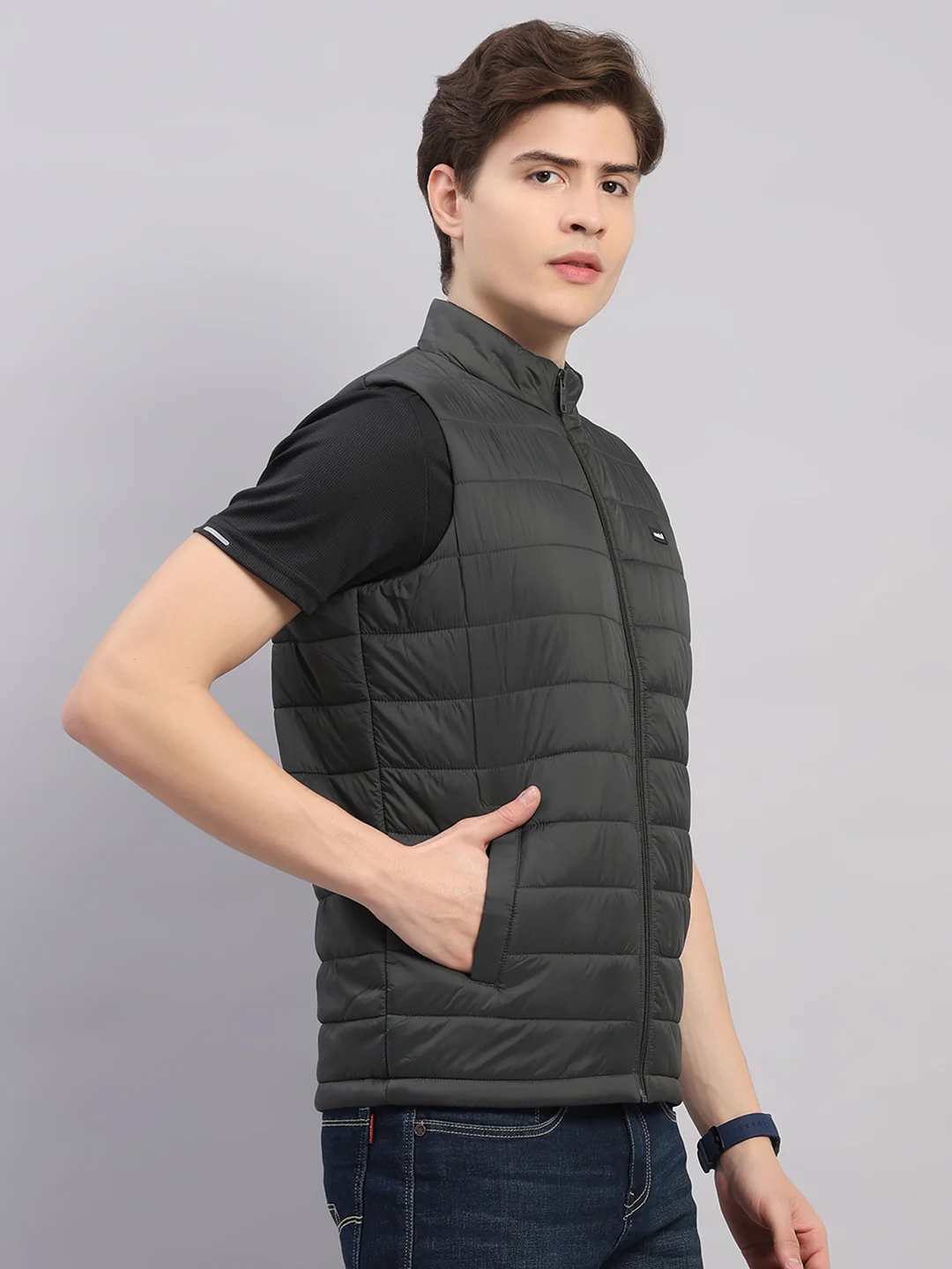 Rock.it Men Olive Solid Stand Collar Sleeveless Jacket - Image 4