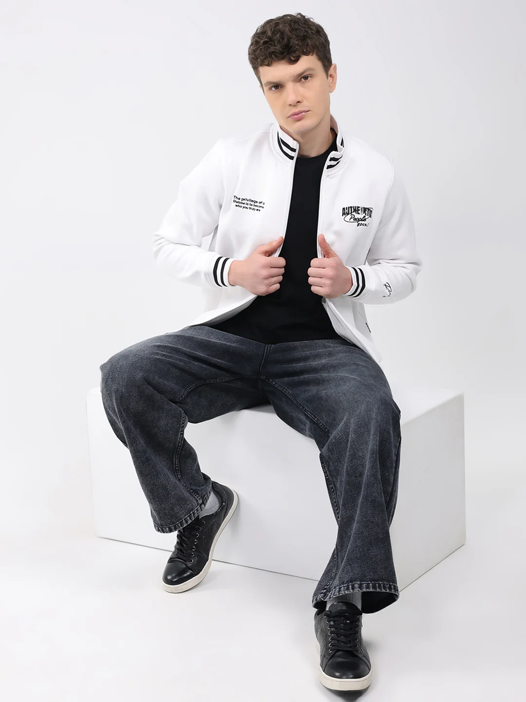 Rock.it Men White Embroidered T Neck Full Sleeve Sweatshirt - Image 2