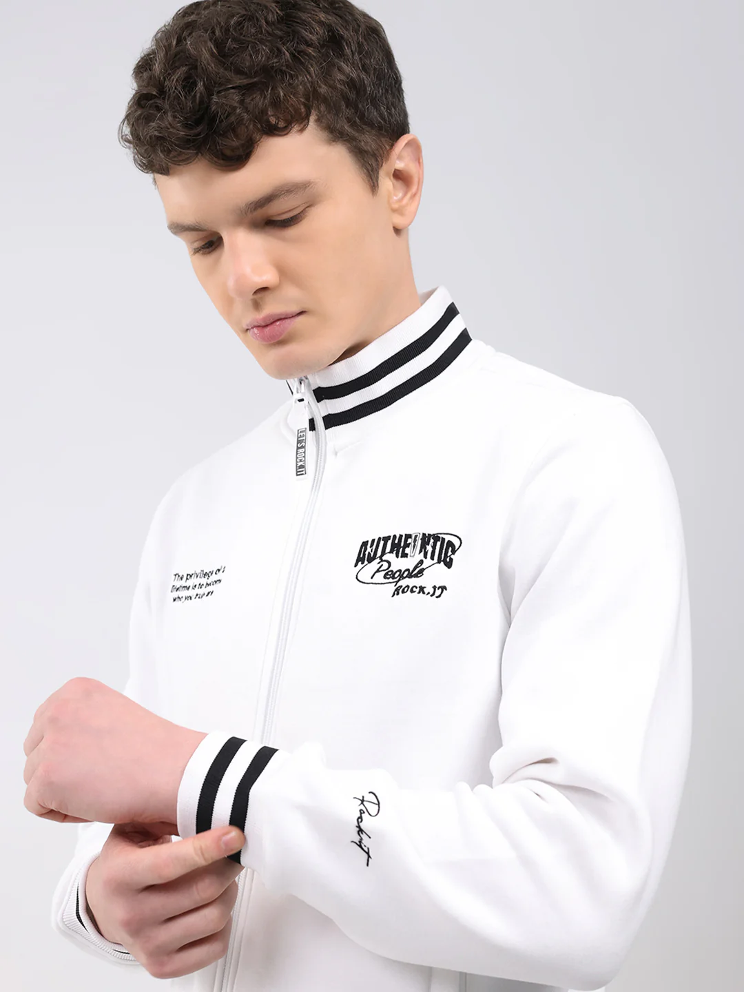 Rock.it Men White Embroidered T Neck Full Sleeve Sweatshirt - Image 6
