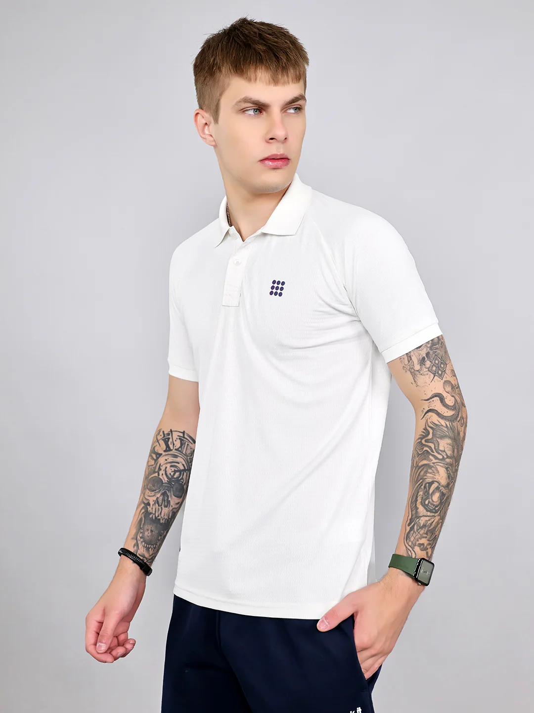 Rock.it Men White Solid Collar Half Sleeve T-Shirt - Image 2