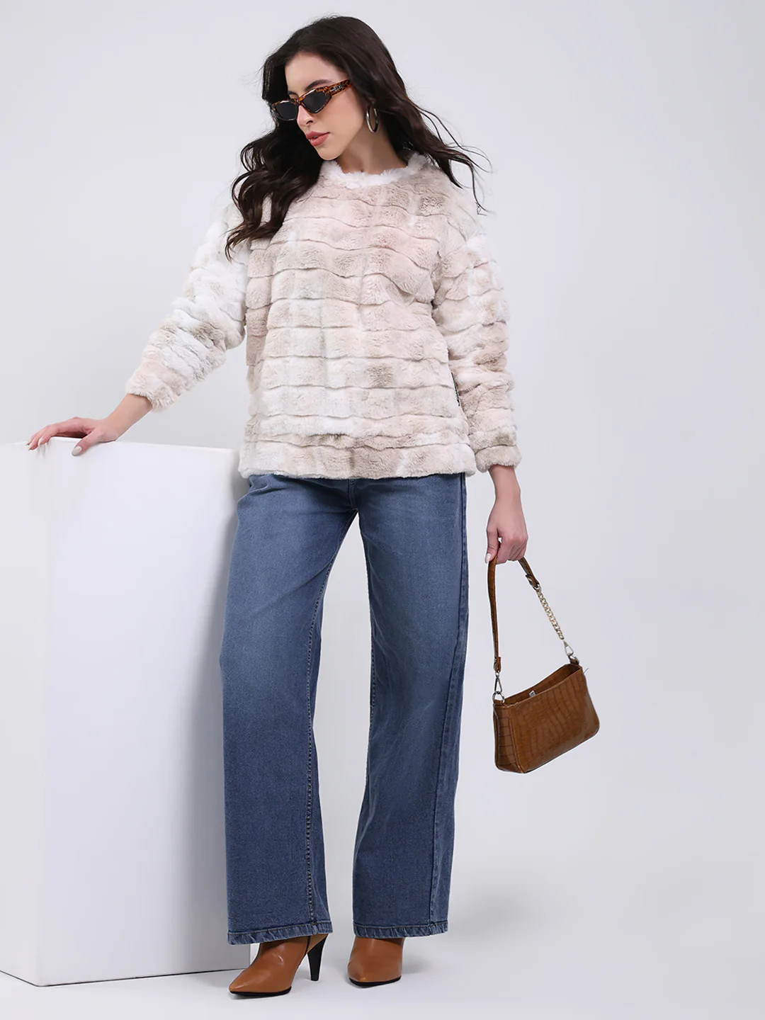 Rock.it Women Beige Self Design Round Neck Full Sleeve Sweatshirt - Image 2
