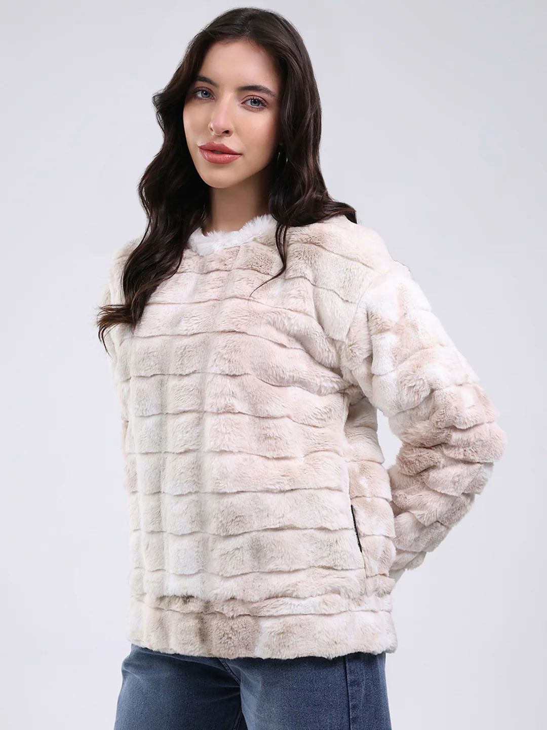 Rock.it Women Beige Self Design Round Neck Full Sleeve Sweatshirt - Image 3