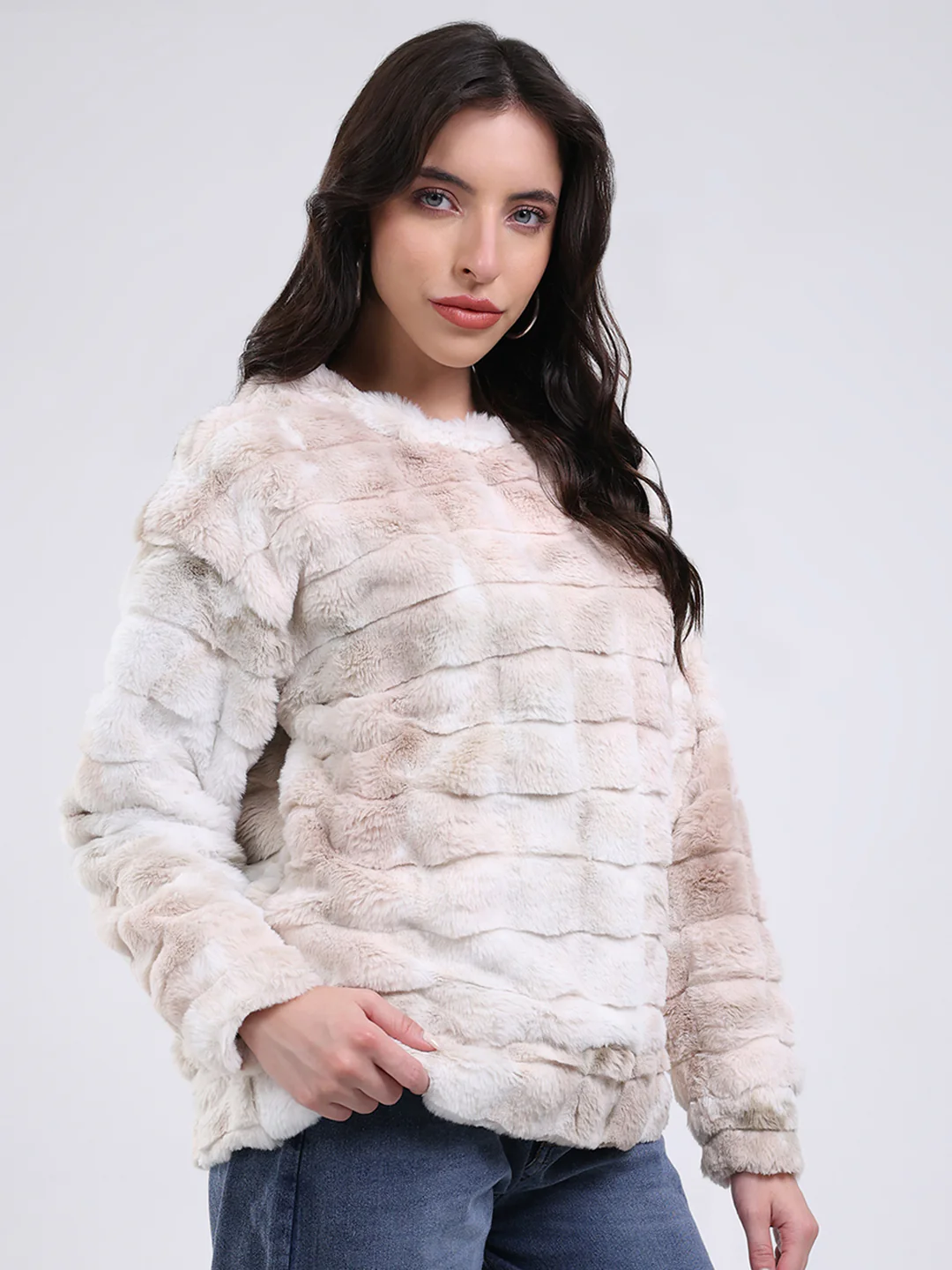Rock.it Women Beige Self Design Round Neck Full Sleeve Sweatshirt - Image 4