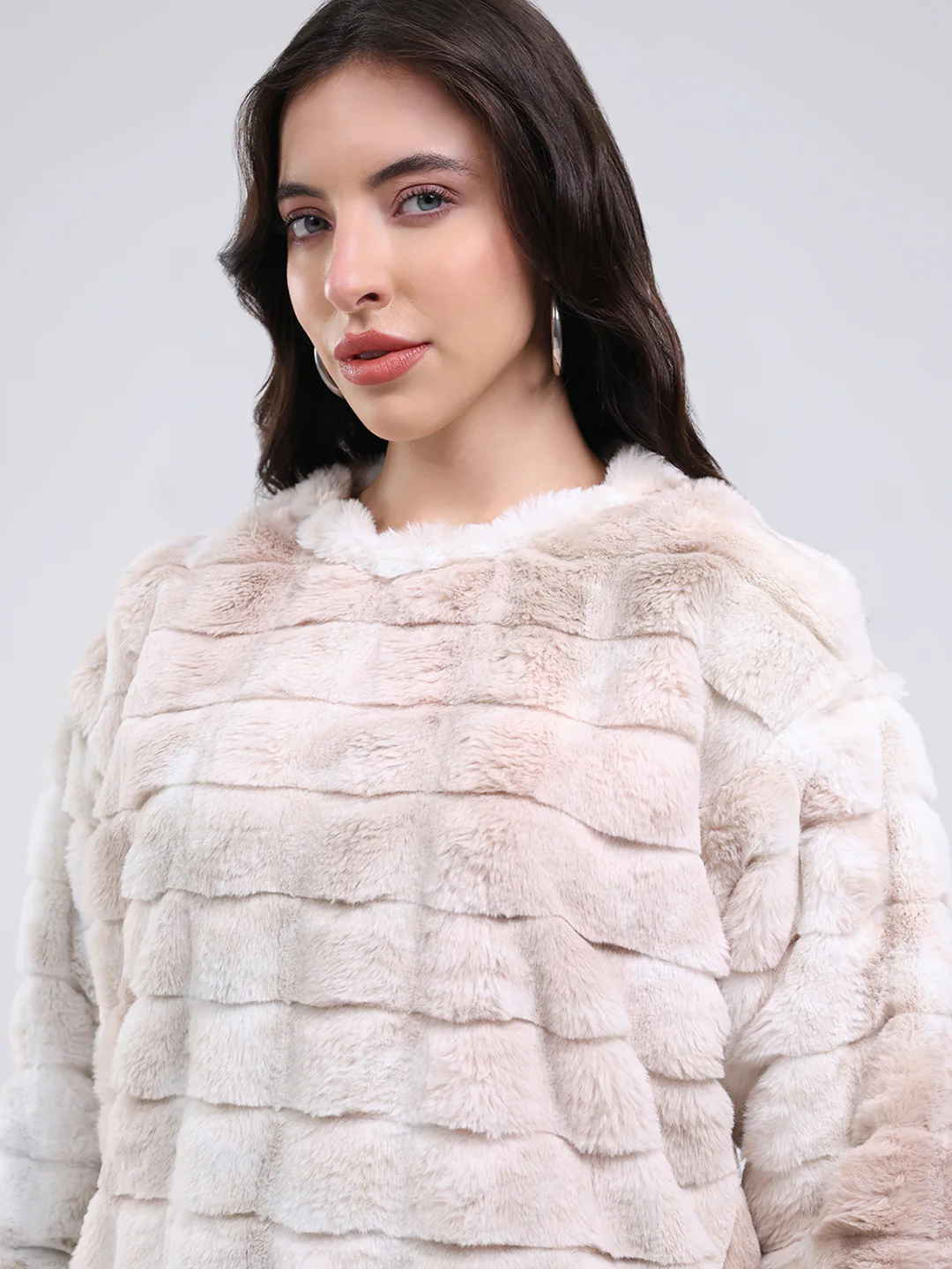 Rock.it Women Beige Self Design Round Neck Full Sleeve Sweatshirt - Image 6