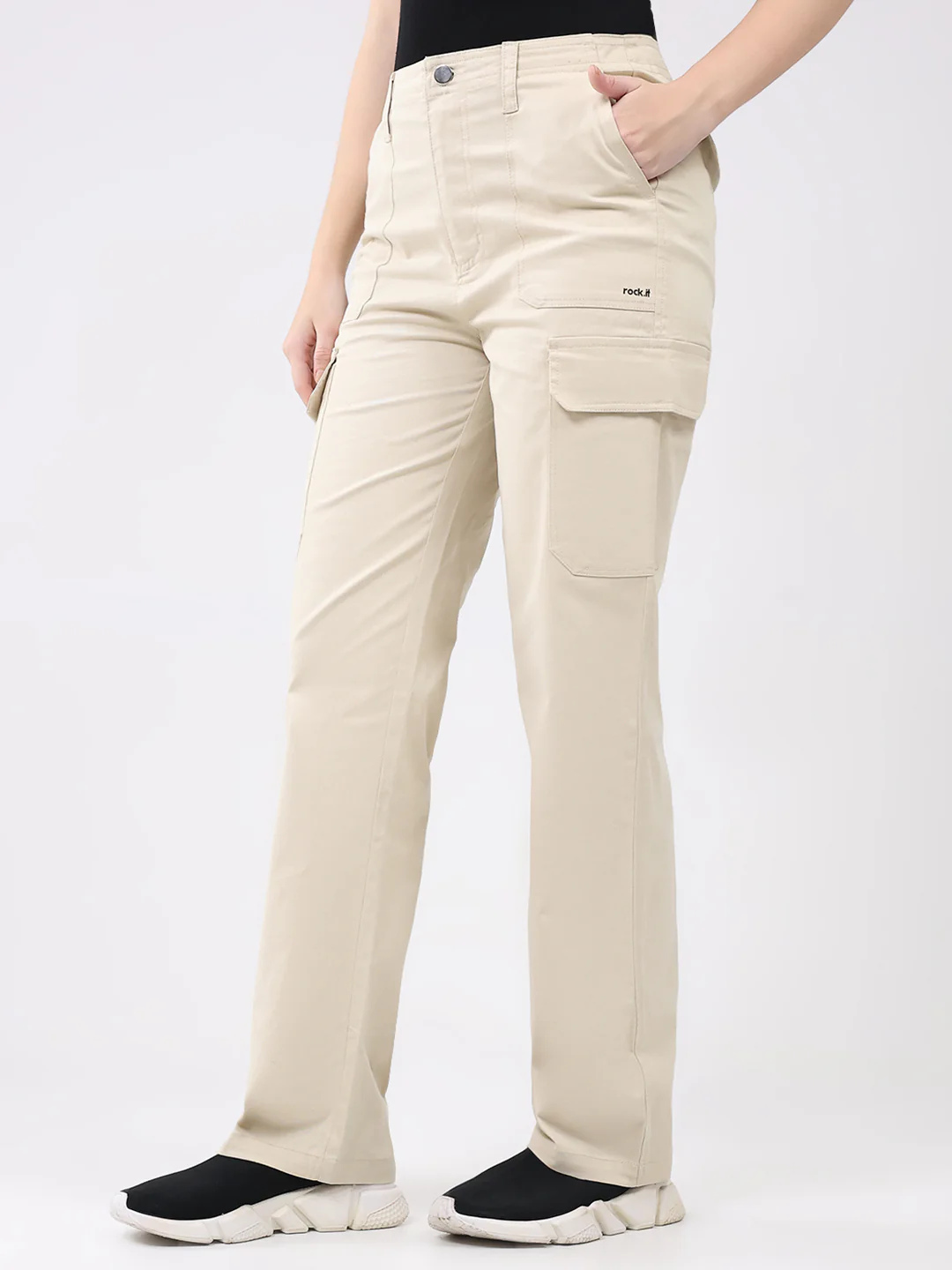 Rock.it Women Beige Solid Straight Fit Cargo - Image 3