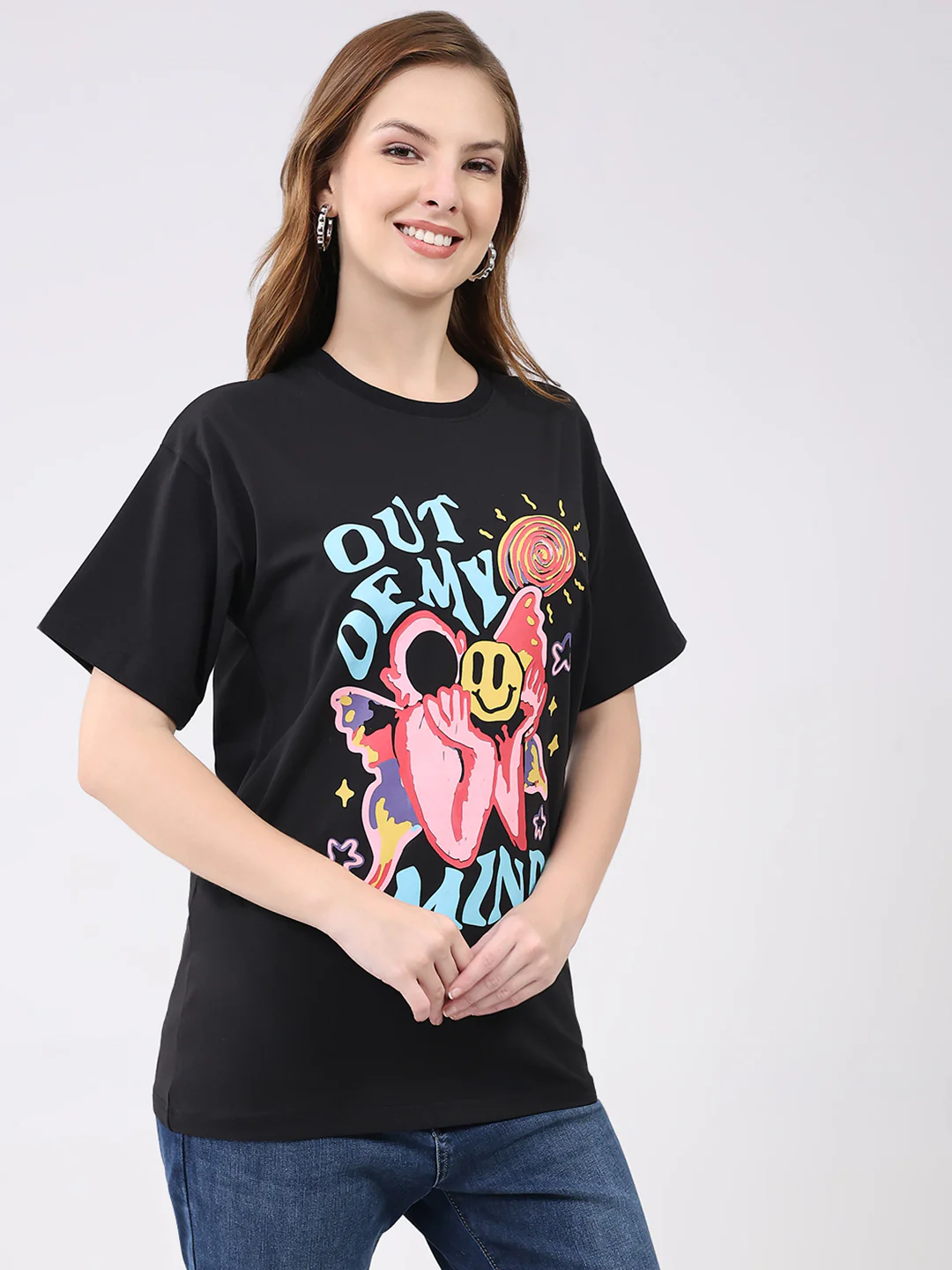 Rock.it Women Black Printed Round Neck Half Sleeve Top - Image 4