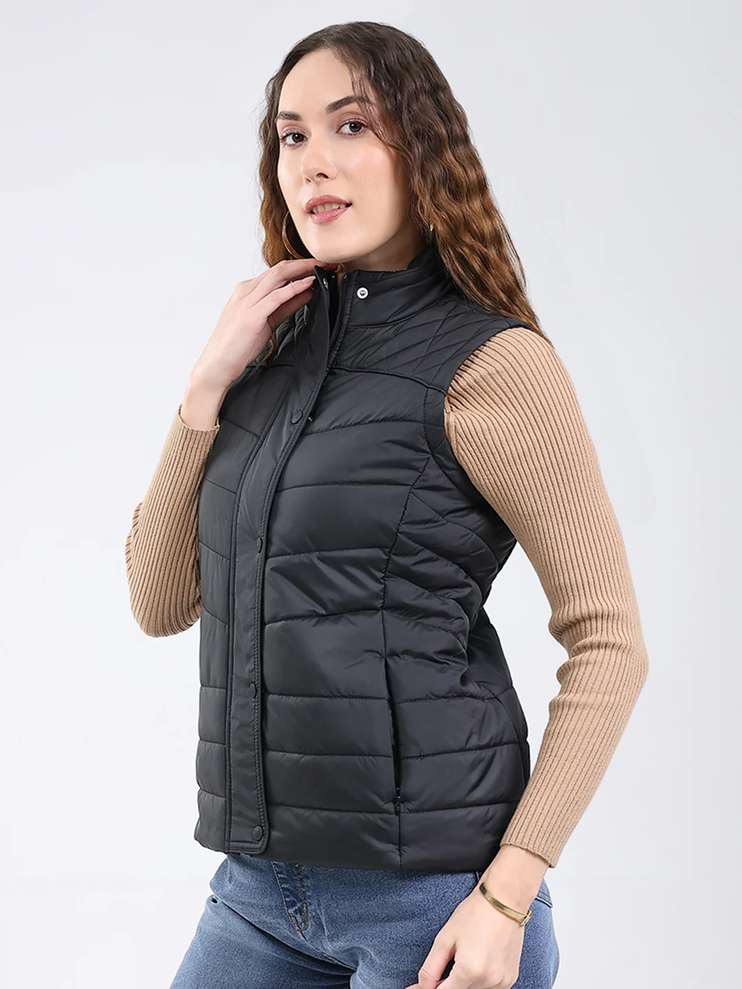 Rock.it Women Black Solid Stand Collar Sleeveless Jacket - Image 3