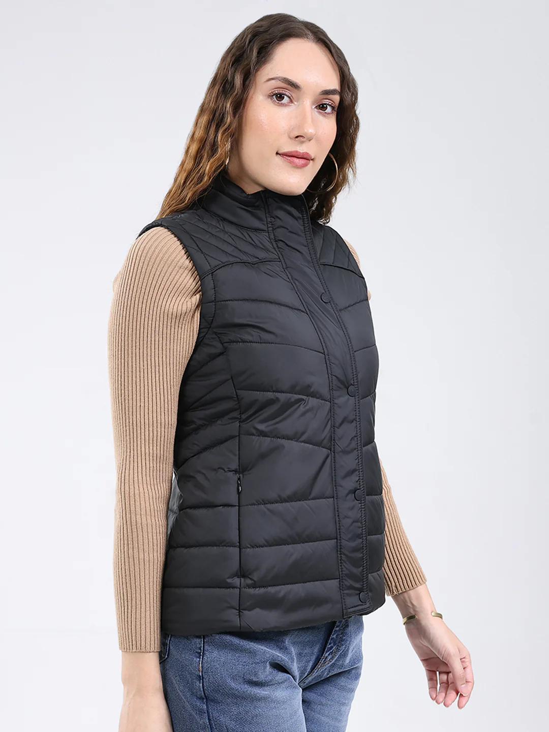 Rock.it Women Black Solid Stand Collar Sleeveless Jacket - Image 4