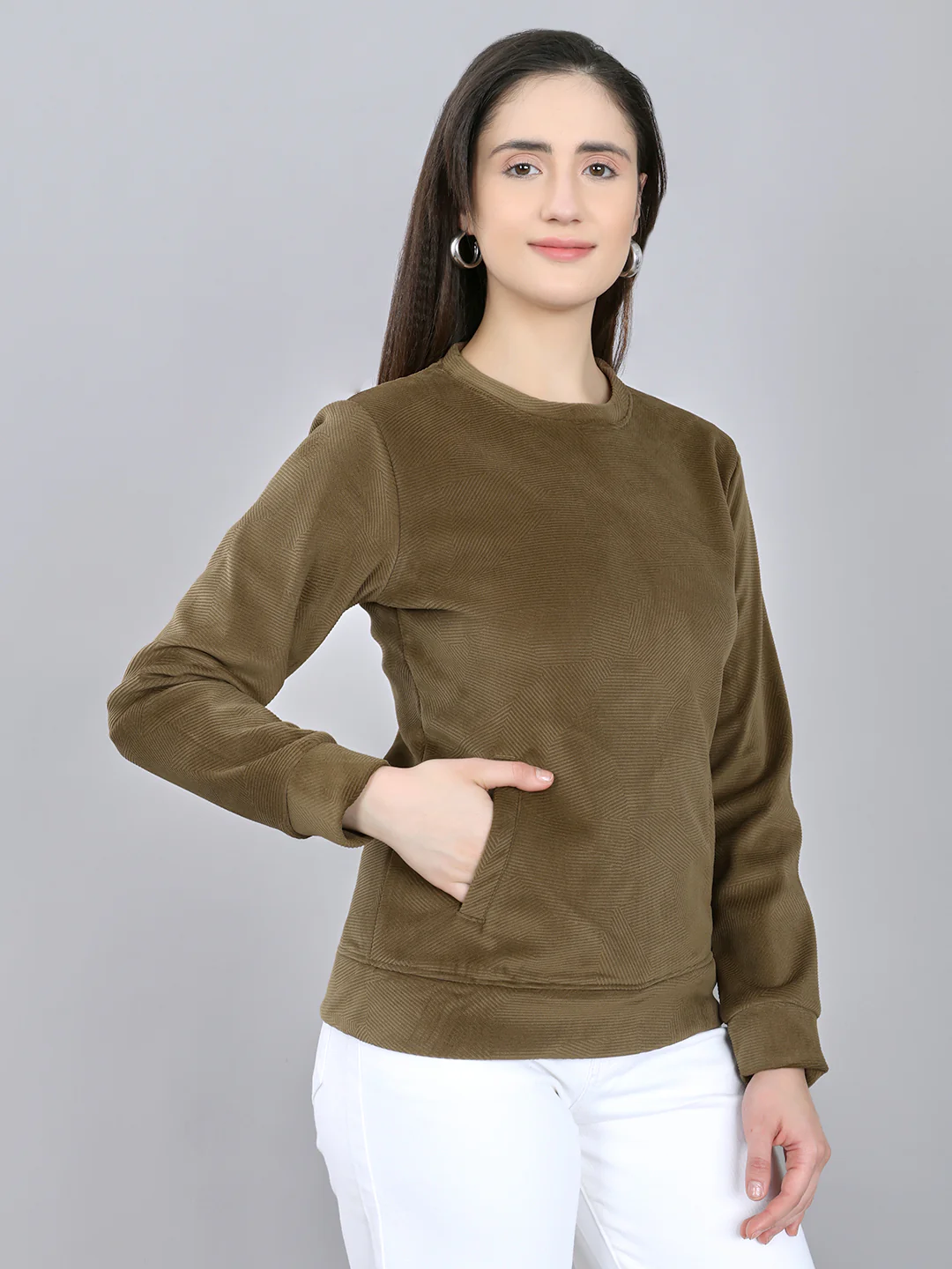 Rock.it Women Brown Self Design Round Neck Full Sleeve Sweatshirt - Image 3