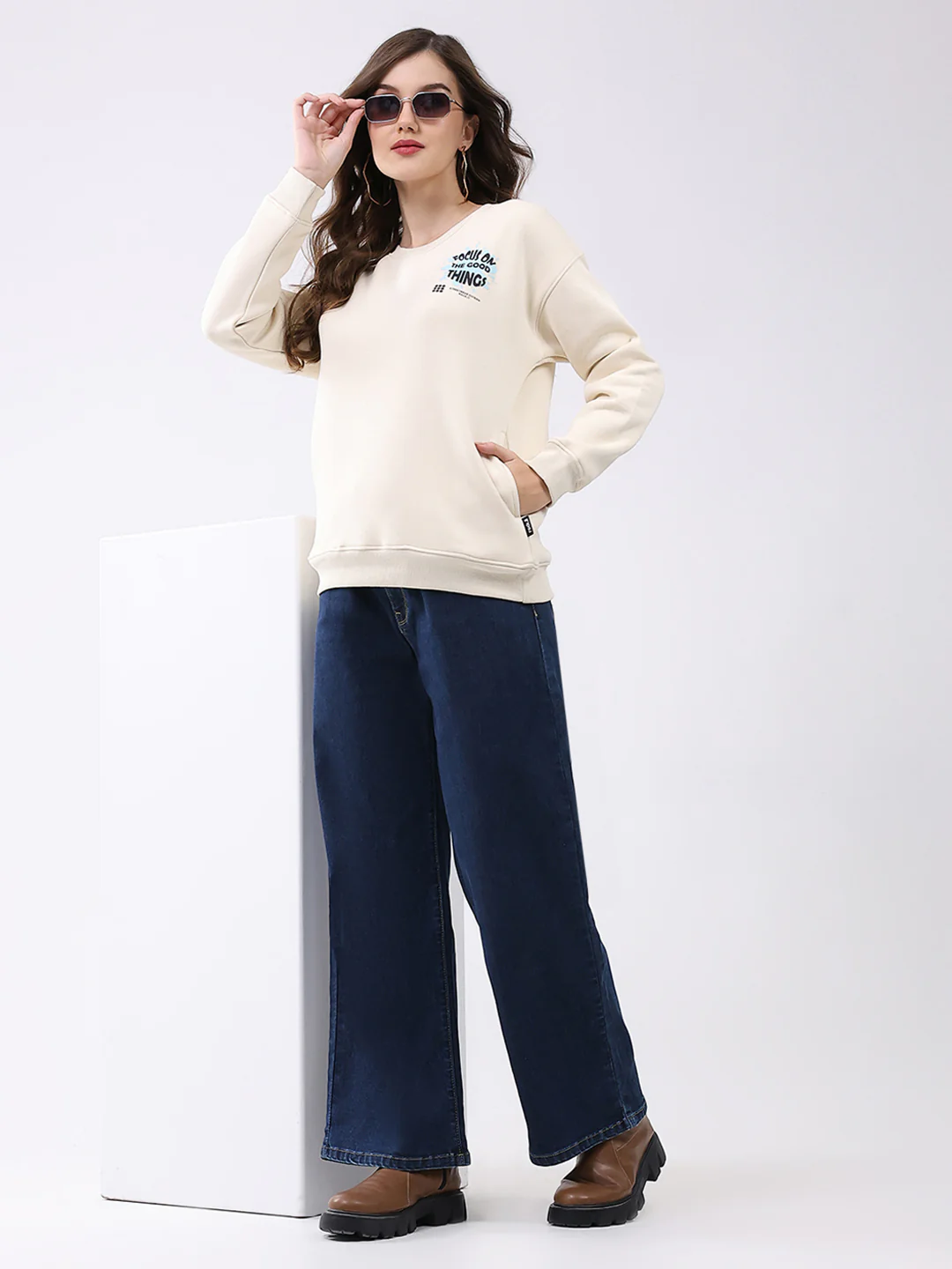Rock.it Women Cream Printed Round Neck Full Sleeve Sweatshirt - Image 2