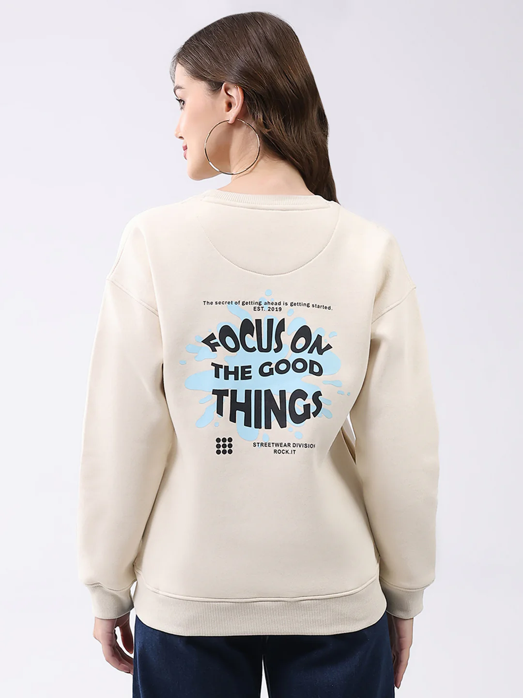 Rock.it Women Cream Printed Round Neck Full Sleeve Sweatshirt - Image 5