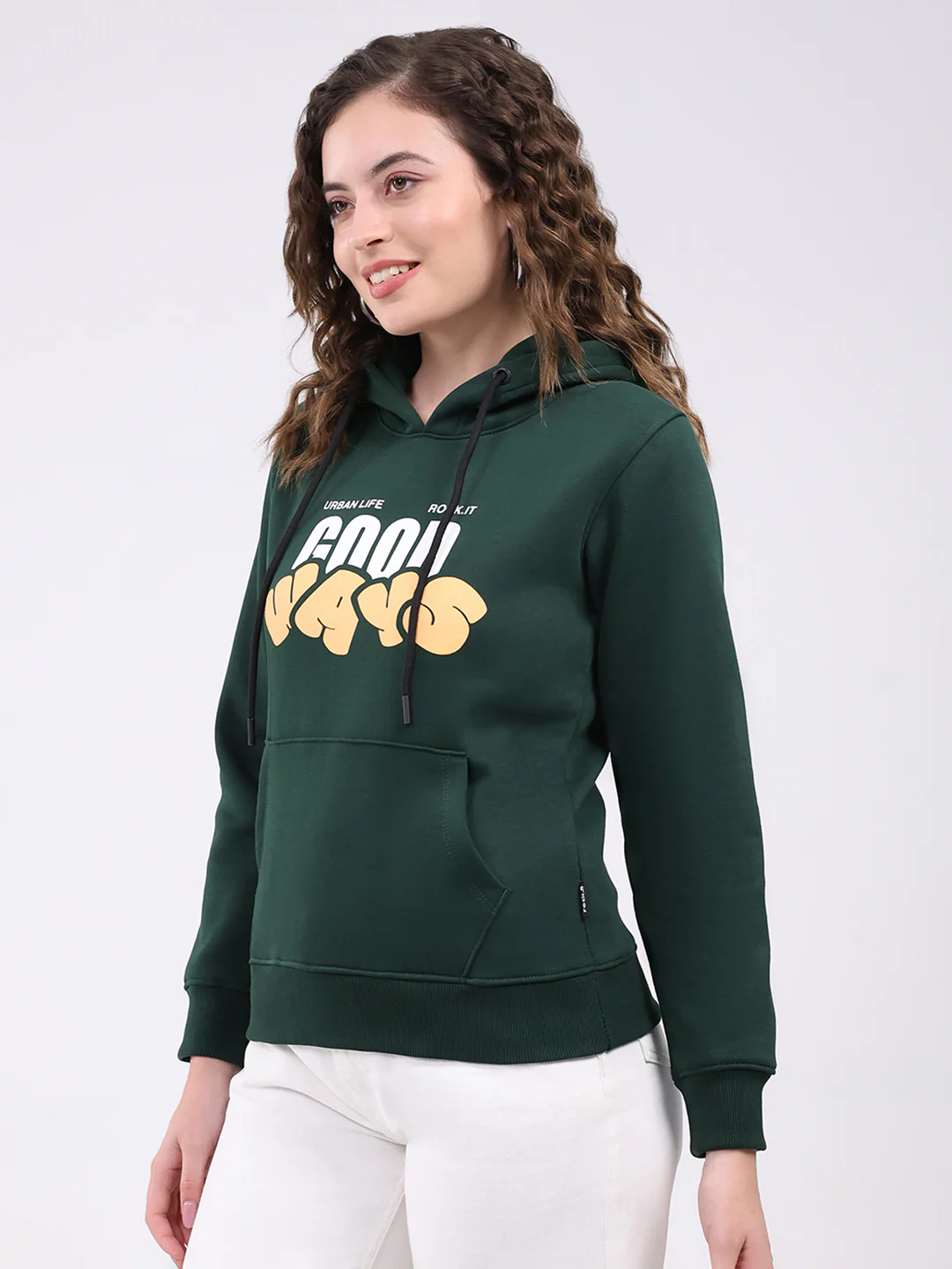 Rock.it Women Dark Green Printed Hooded Full Sleeve Sweatshirt - Image 3