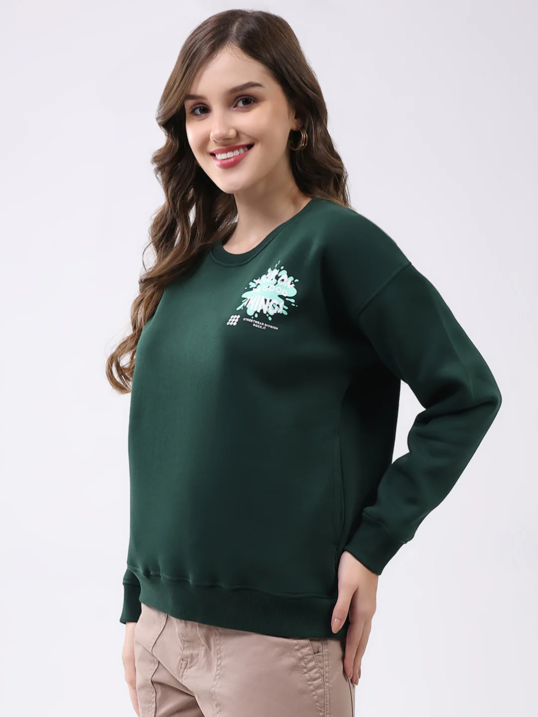 Rock.it Women Green Printed Round Neck Full Sleeve Sweatshirt - Image 3