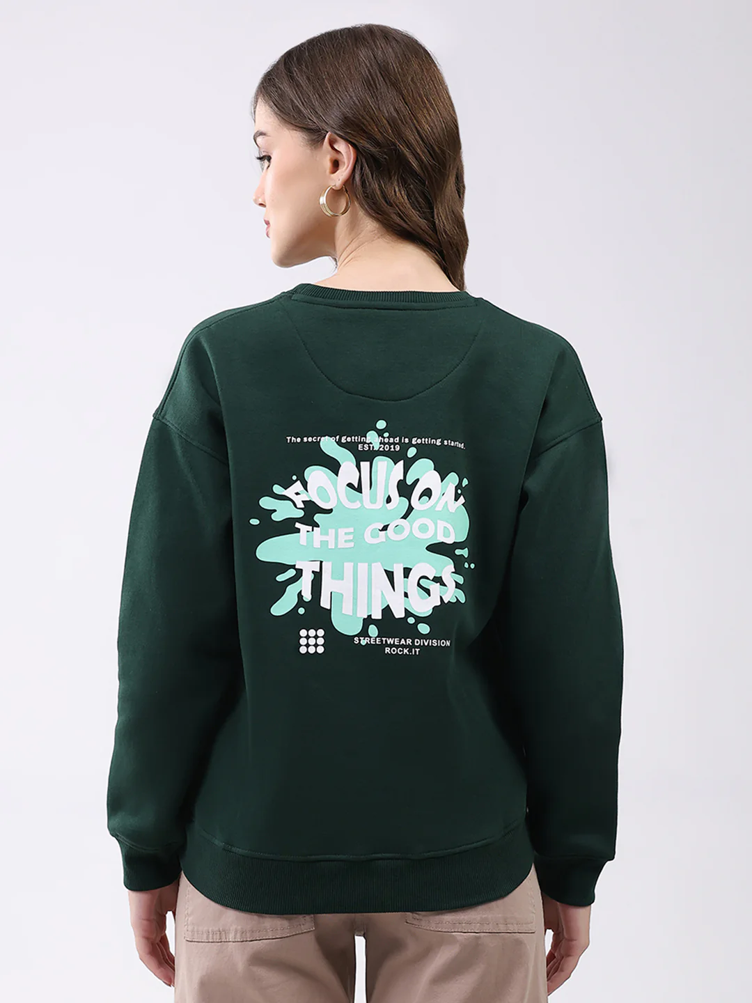 Rock.it Women Green Printed Round Neck Full Sleeve Sweatshirt - Image 5