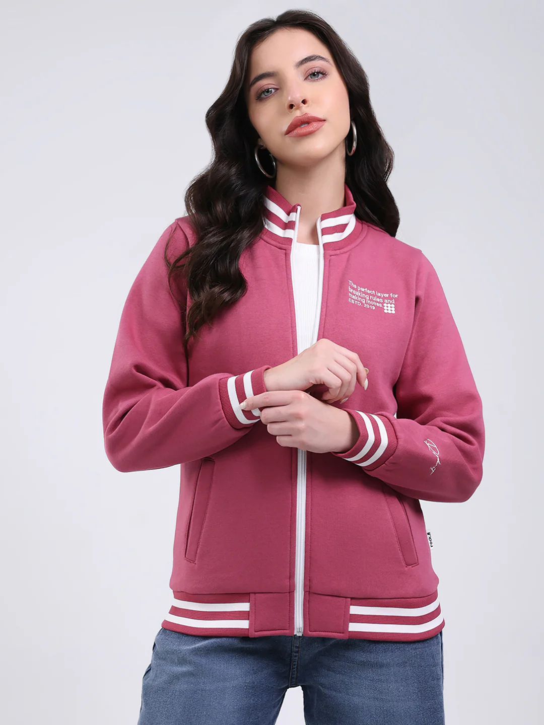 Rock.it Women Mauve Embroidered Turtle Neck Full Sleeve Sweatshirt