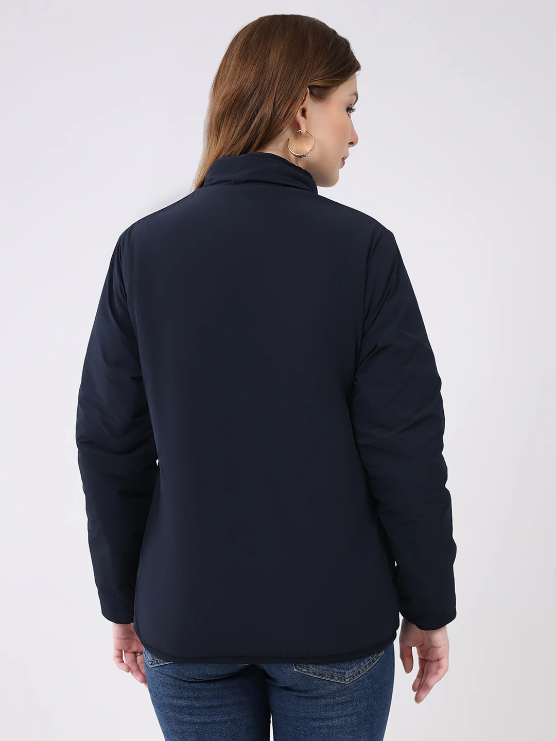 Rock.it Women Navy Blue Solid Mock Neck Full Sleeve Reversible Jacket - Image 8