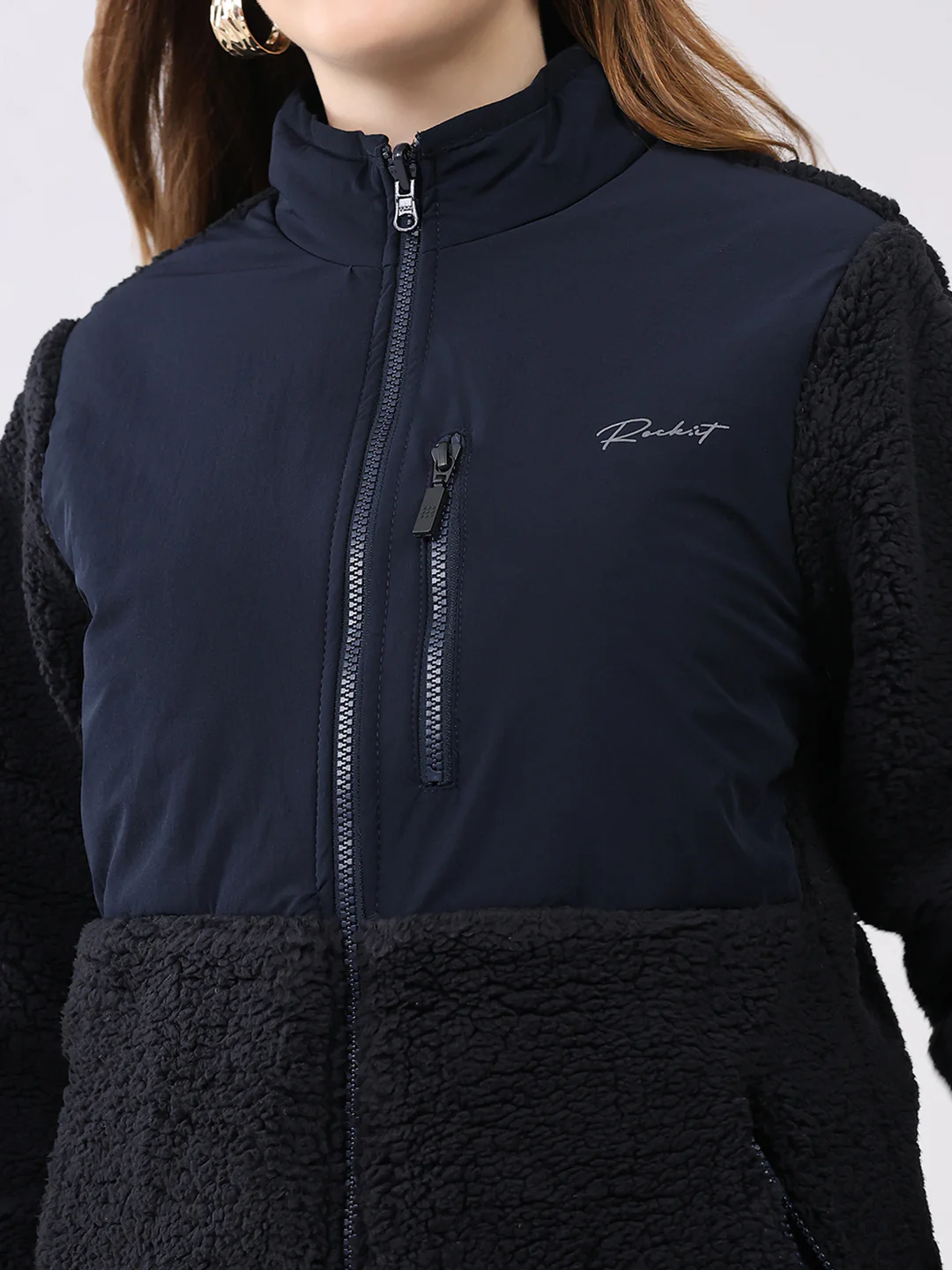 Rock.it Women Navy Blue Solid Mock Neck Full Sleeve Reversible Jacket - Image 9
