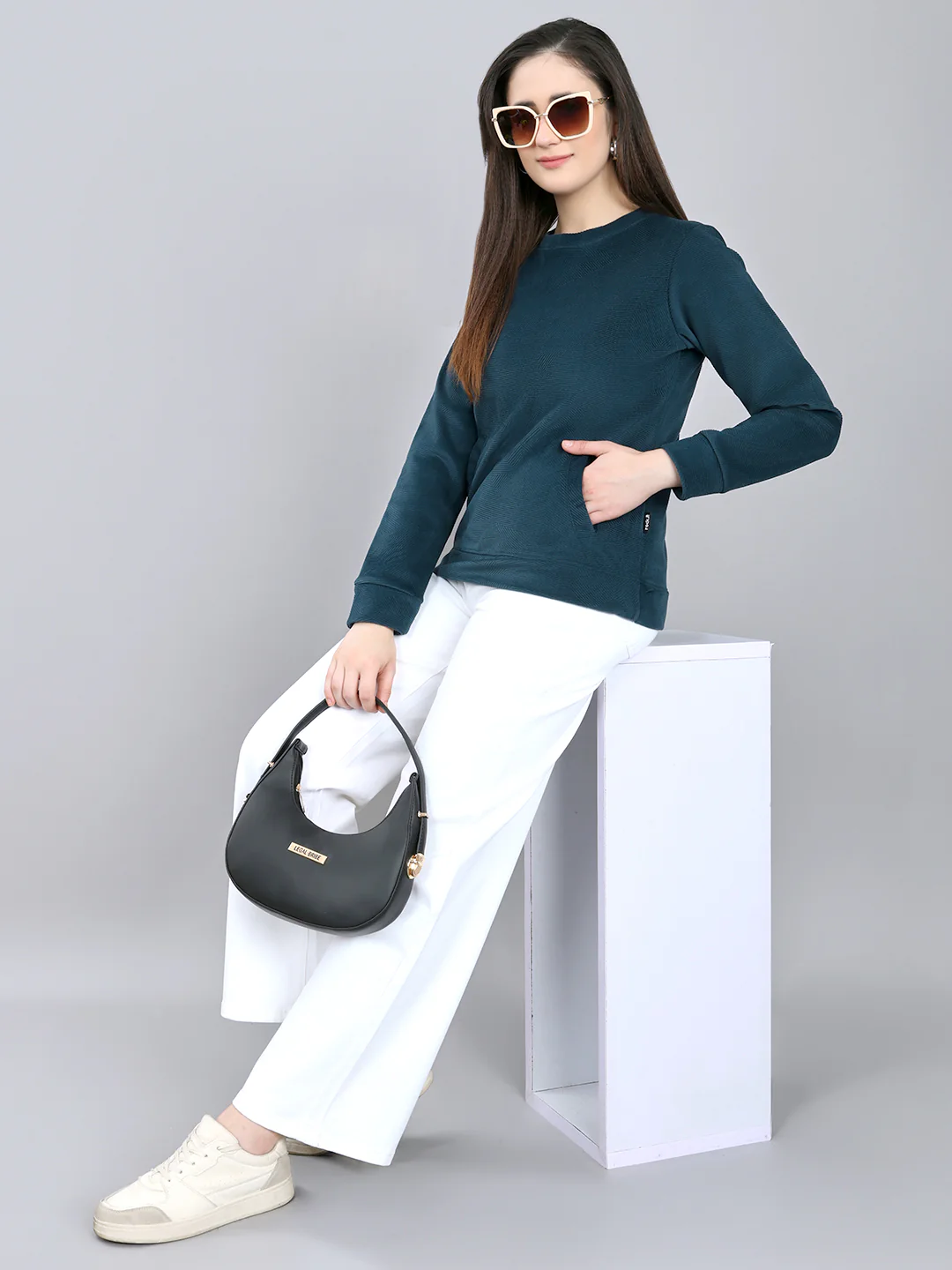 Rock.it Women Teal Blue Self Design Round Neck Full Sleeve Sweatshirt - Image 6