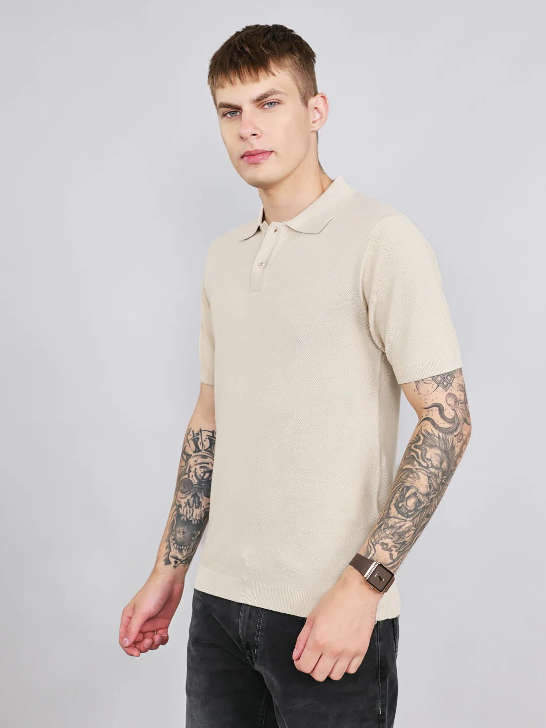 Rock.it Men Beige Solid Collar Half Sleeve T-Shirt - Image 2