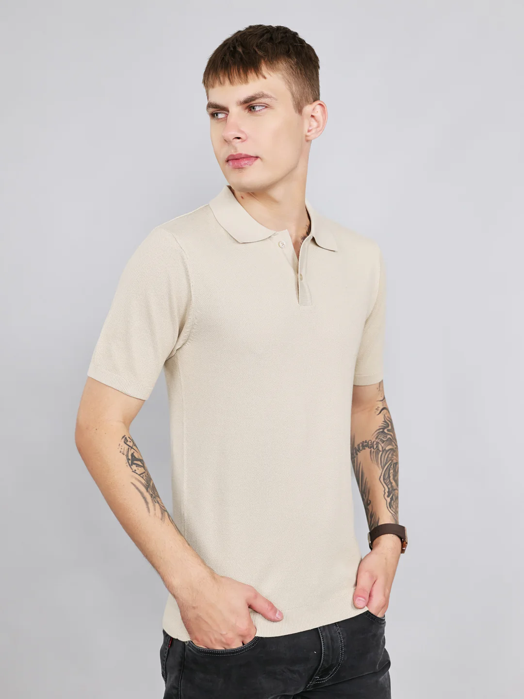 Rock.it Men Beige Solid Collar Half Sleeve T-Shirt - Image 3