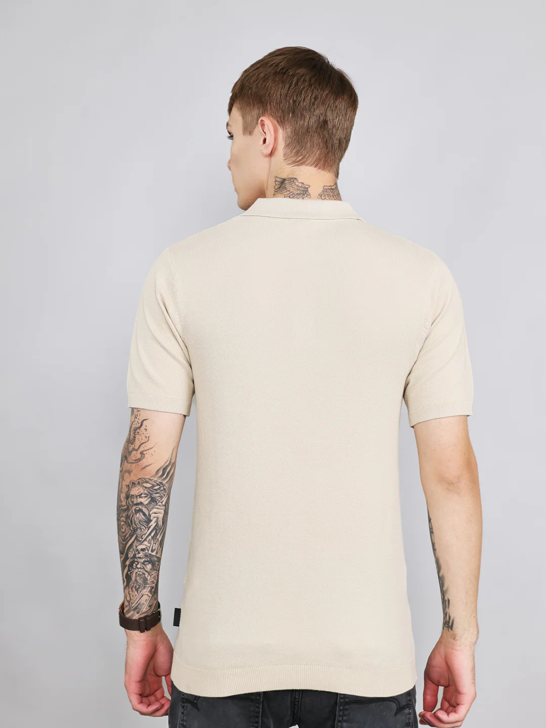 Rock.it Men Beige Solid Collar Half Sleeve T-Shirt - Image 4