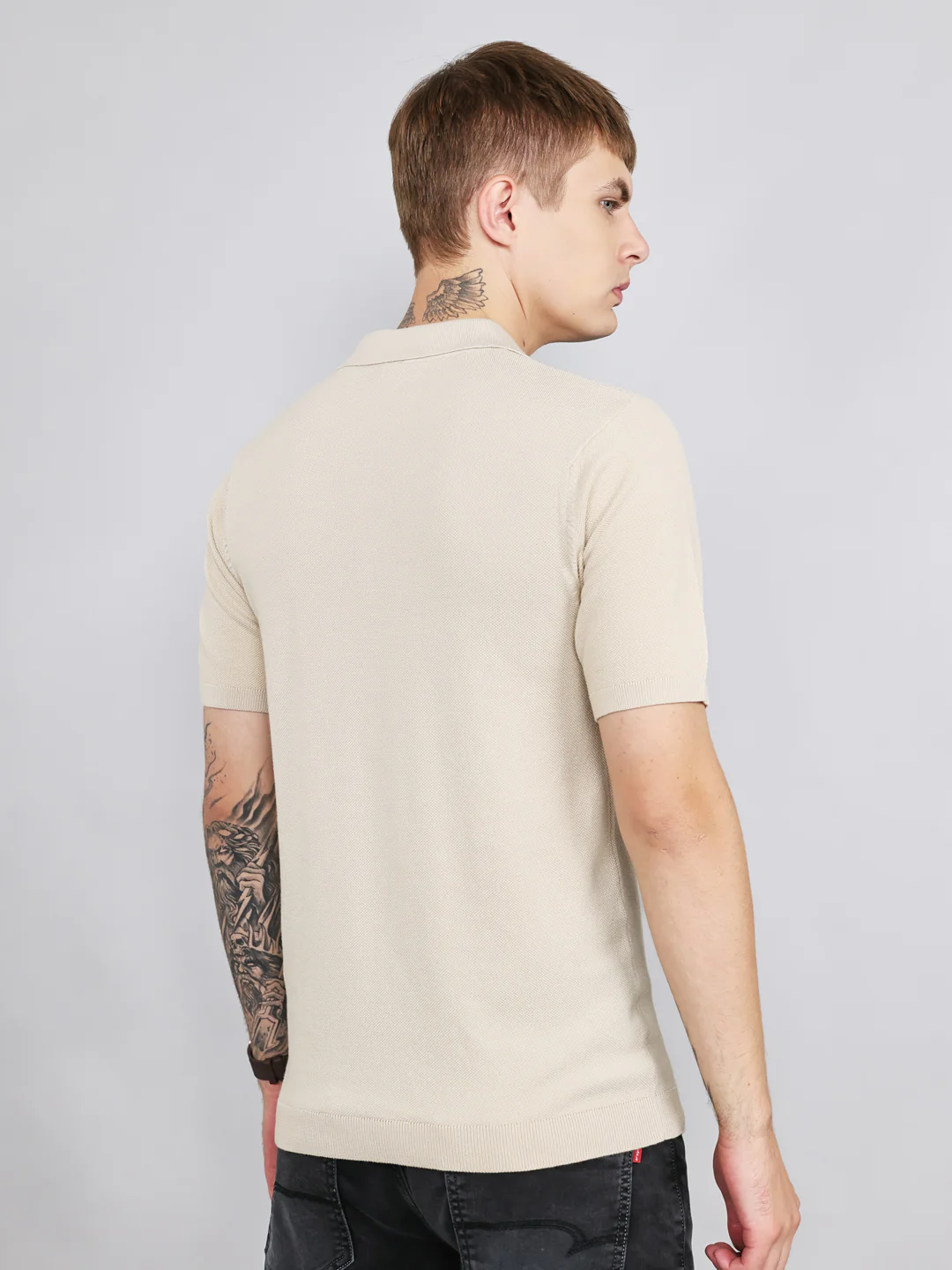 Rock.it Men Beige Solid Collar Half Sleeve T-Shirt - Image 5
