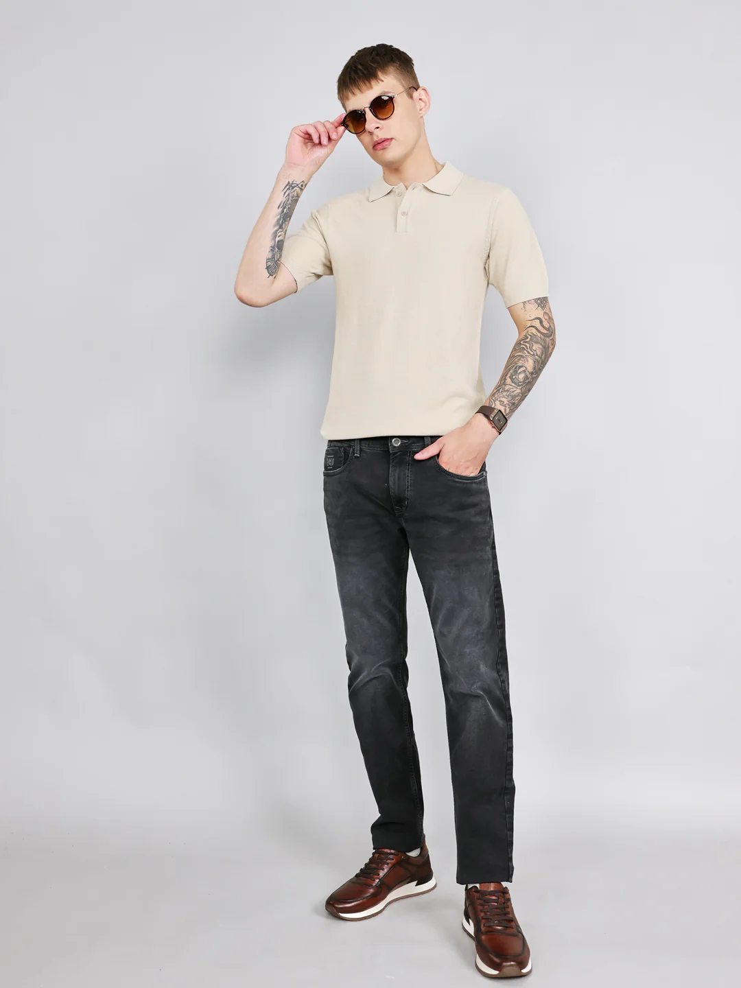 Rock.it Men Beige Solid Collar Half Sleeve T-Shirt - Image 6