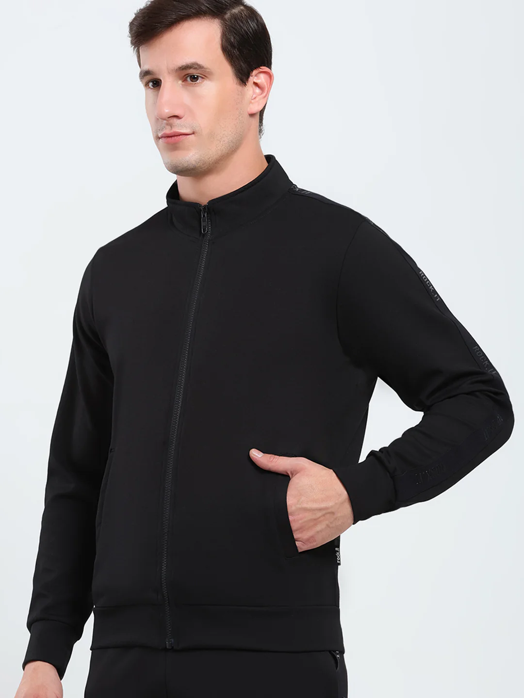 Rock.it Men Black Solid Mock Neck Full Sleeve Winter Tracksuit - Image 7