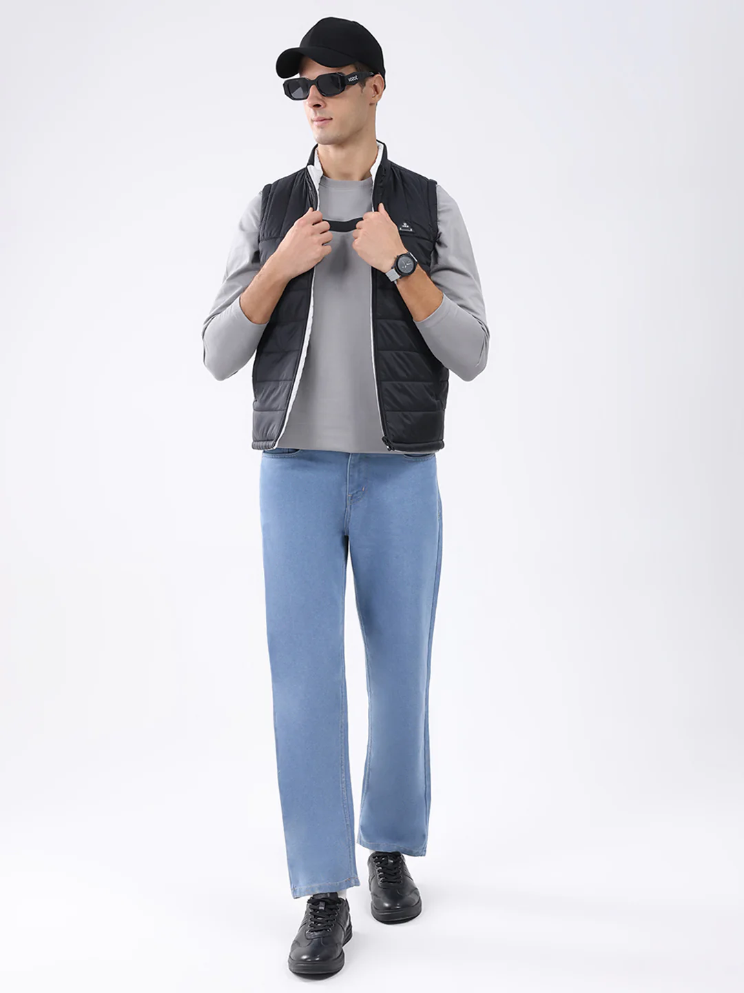 Rock.it Men Black & White Solid Mock Neck Sleeveless Jacket - Image 2