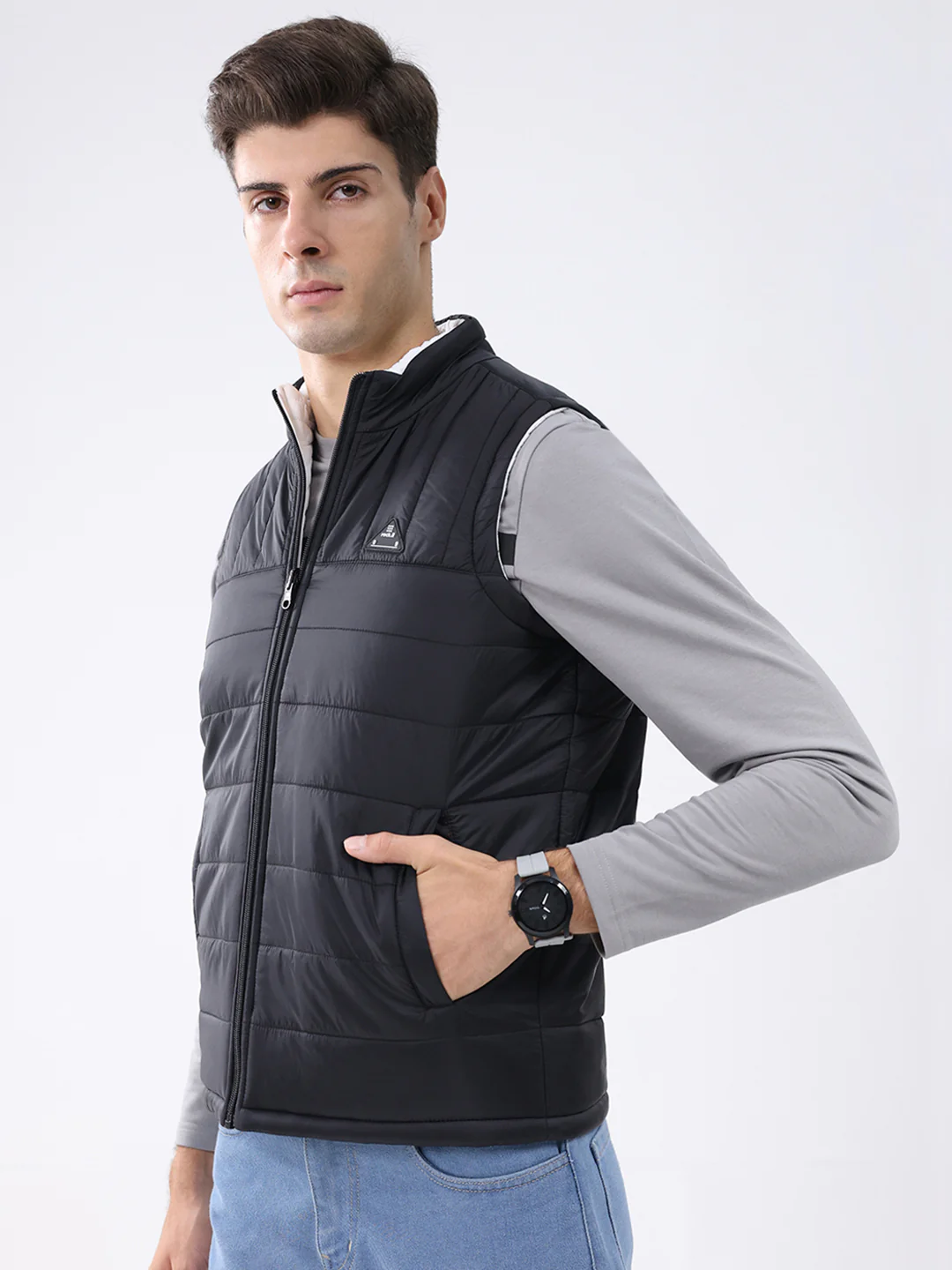 Rock.it Men Black & White Solid Mock Neck Sleeveless Jacket - Image 3