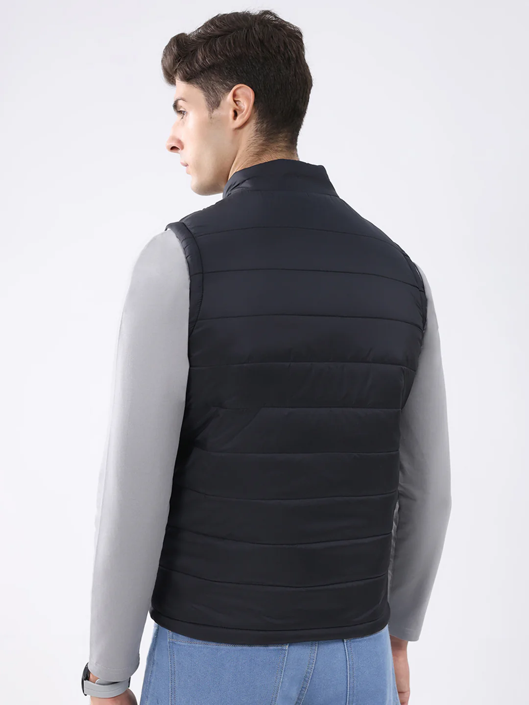 Rock.it Men Black & White Solid Mock Neck Sleeveless Jacket - Image 5