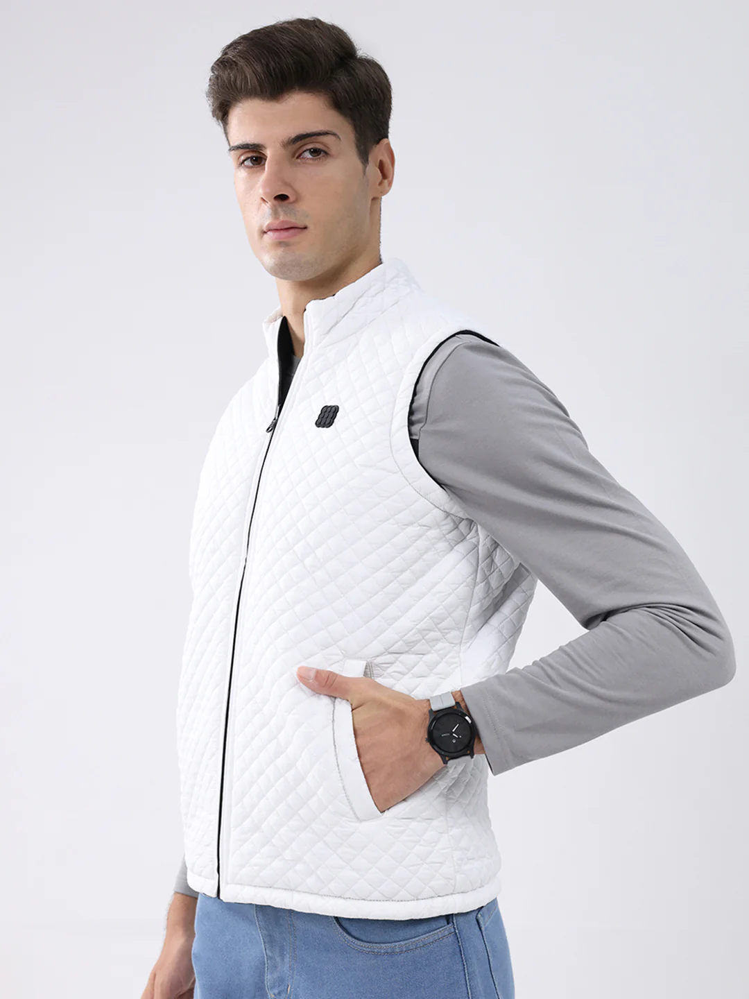 Rock.it Men Black & White Solid Mock Neck Sleeveless Jacket - Image 7
