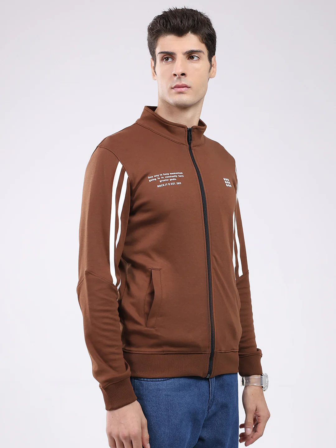 Rock.it Men Brown Printed Mock Neck Full Sleeve Sweatshirt - Image 4
