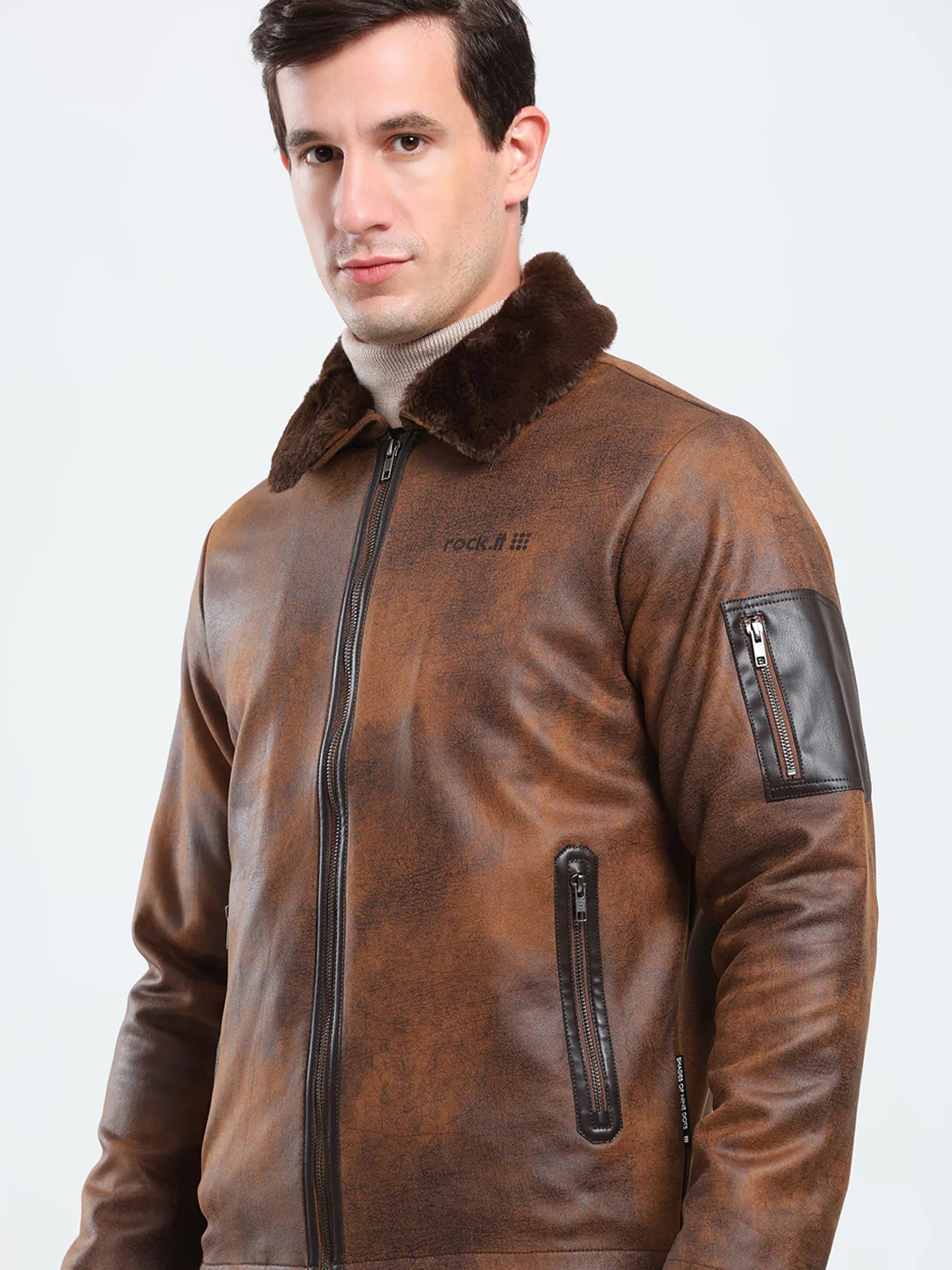 Rock.it Men Brown Solid Collar Full Sleeve Jacket - Image 7