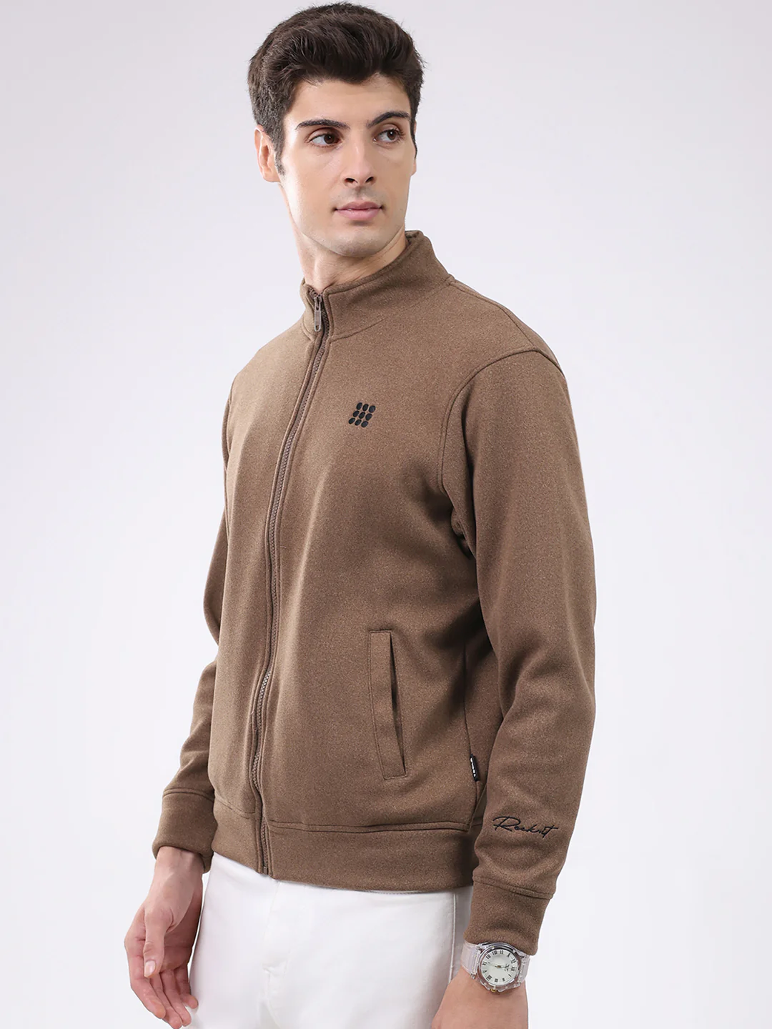 Rock.it Men Brown Solid Mock Neck Full Sleeve Sweatshirt - Image 3