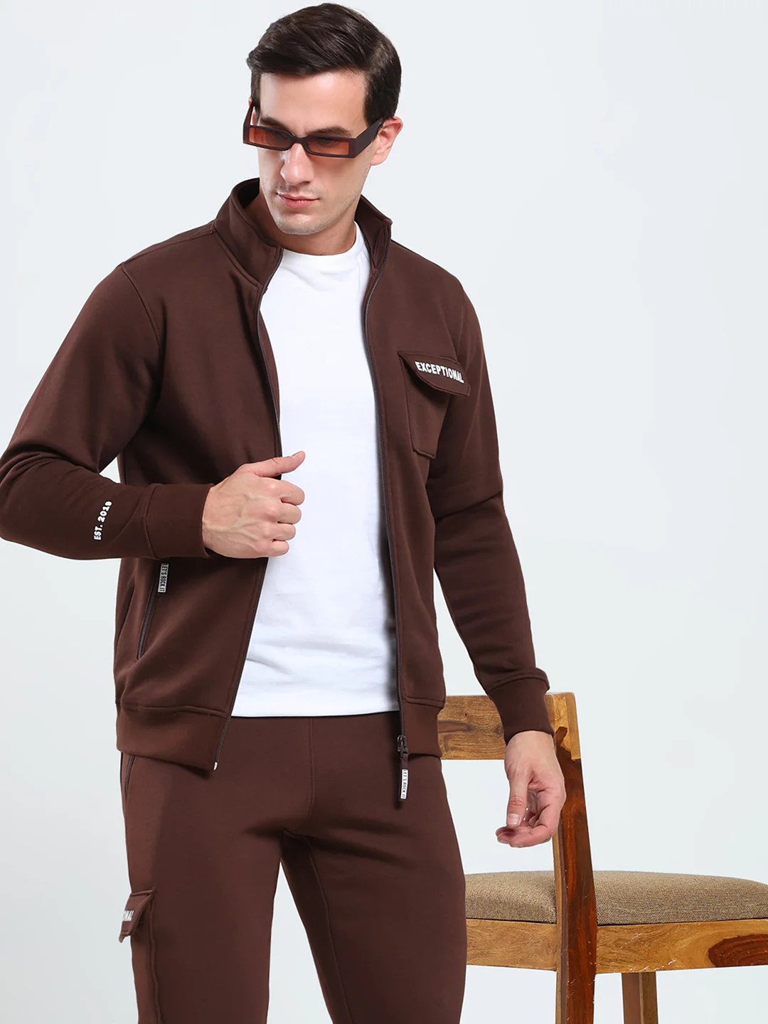 Rock.it Men Brown Solid Mock Neck Full Sleeve Winter Tracksuit - Image 6