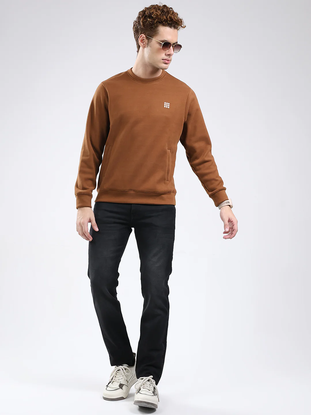Rock.it Men Brown Solid Round Neck Full Sleeve Sweatshirt - Image 2