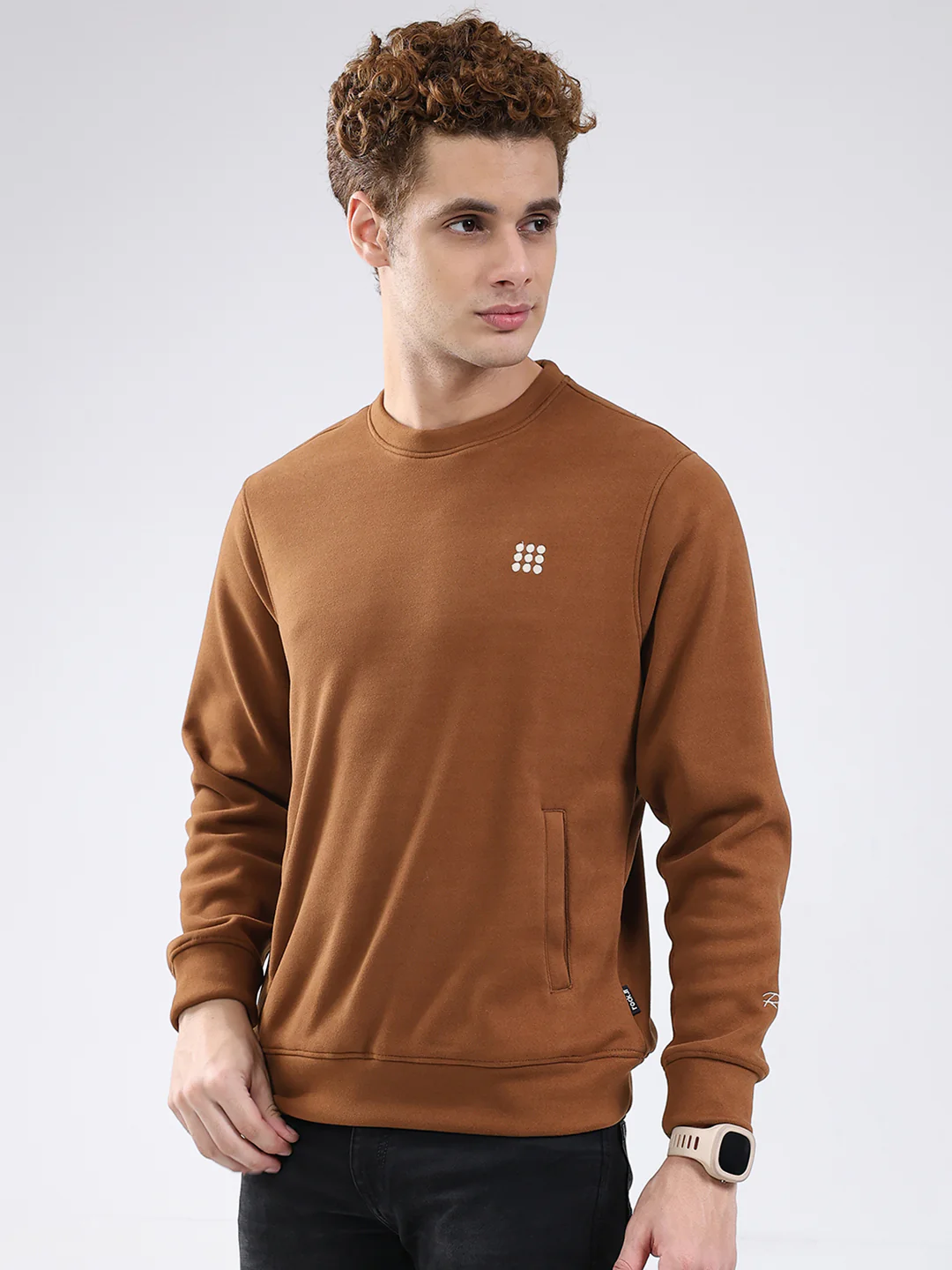 Rock.it Men Brown Solid Round Neck Full Sleeve Sweatshirt - Image 3