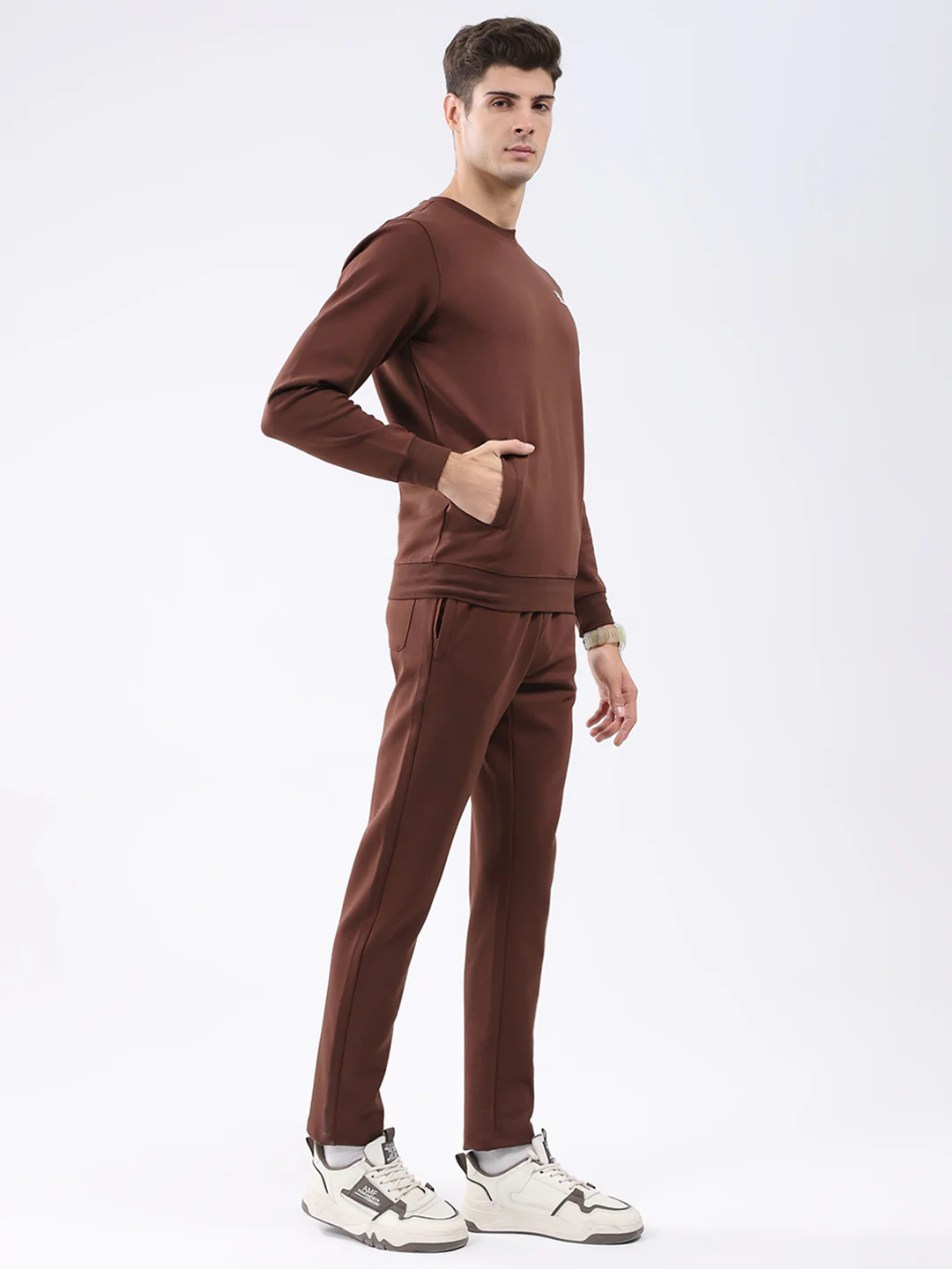 Rock.it Men Brown Solid Round Neck Full Sleeve Winter Tracksuit - Image 4
