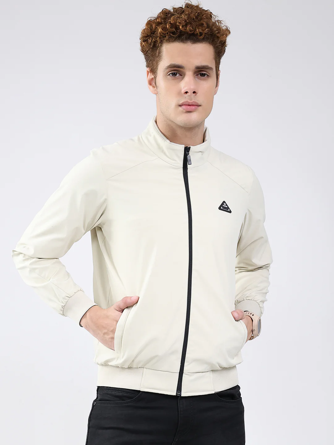 Rock.it Men Cream Solid Mock Neck Full Sleeve Jacket