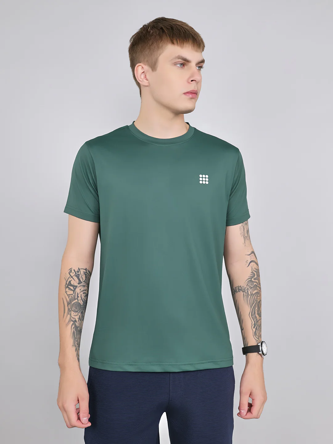 Rock.it Men Green Solid Round Neck Half Sleeve T-Shirt