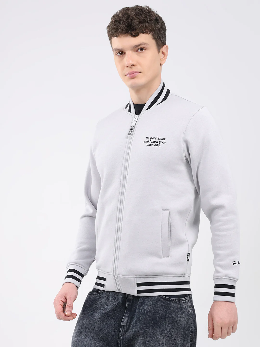 Rock.it Men Grey Solid Band Neck Full Sleeve Sweatshirt - Image 3