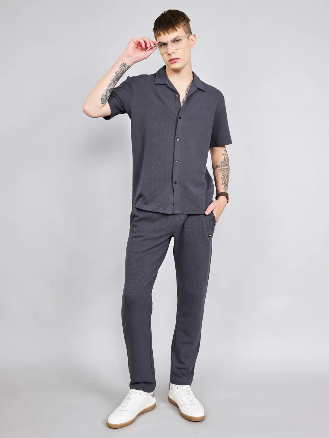 Rock.it Men Grey Solid Collar Half Sleeve Cords Set