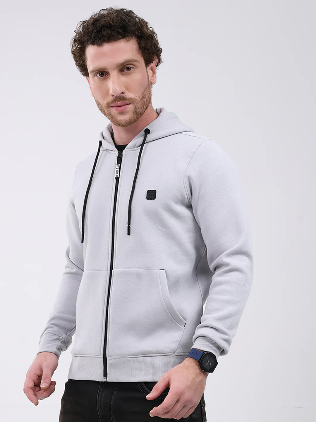 Rock.it Men Grey Solid Hooded Full Sleeve Sweatshirt - Image 3